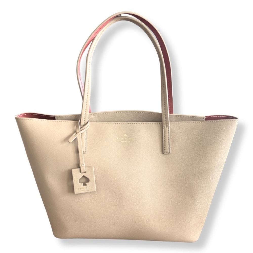 ♠️ Kate Spade New York Saffiano Leather Tote – Beige w/ Red Interior